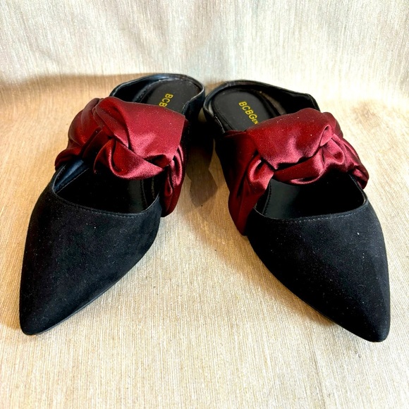 BCBGENERATION Sz 8B Nessa Micro Suede Satin Bow Knot Pointy Toe Slip On Mules - Picture 1 of 10